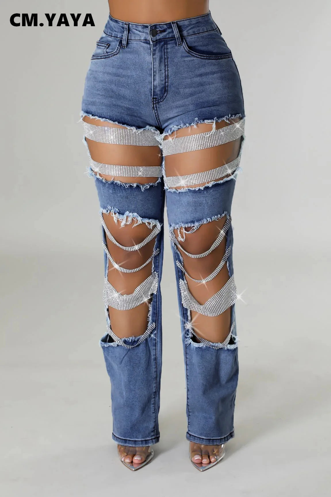 TAMBREET CM.YAYA Women Fashion Pearl Beading Ripped Hollow Out Tassel Wide Leg Jeans 2024 New Summer INS Street Denim Pants Trousers