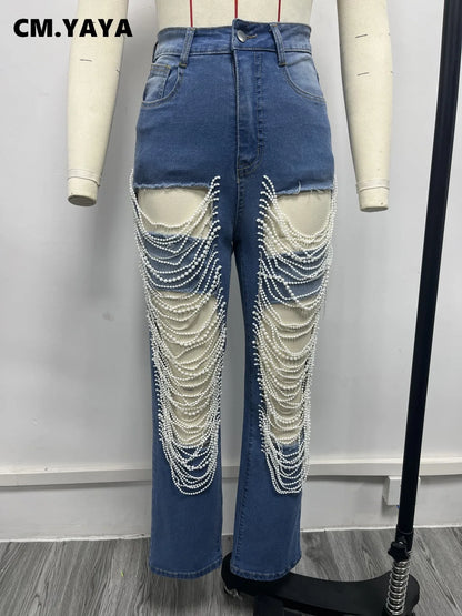 TAMBREET CM.YAYA Women Fashion Pearl Beading Ripped Hollow Out Tassel Wide Leg Jeans 2024 New Summer INS Street Denim Pants Trousers