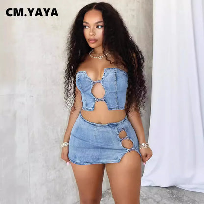 TAMBREET CM.YAYA Women Set Sleeveless Denim Strapless Tops and Mini Skirt Suits 2024 Sexy Hollow Out Beach Street Two 2 Piece Set Outfits