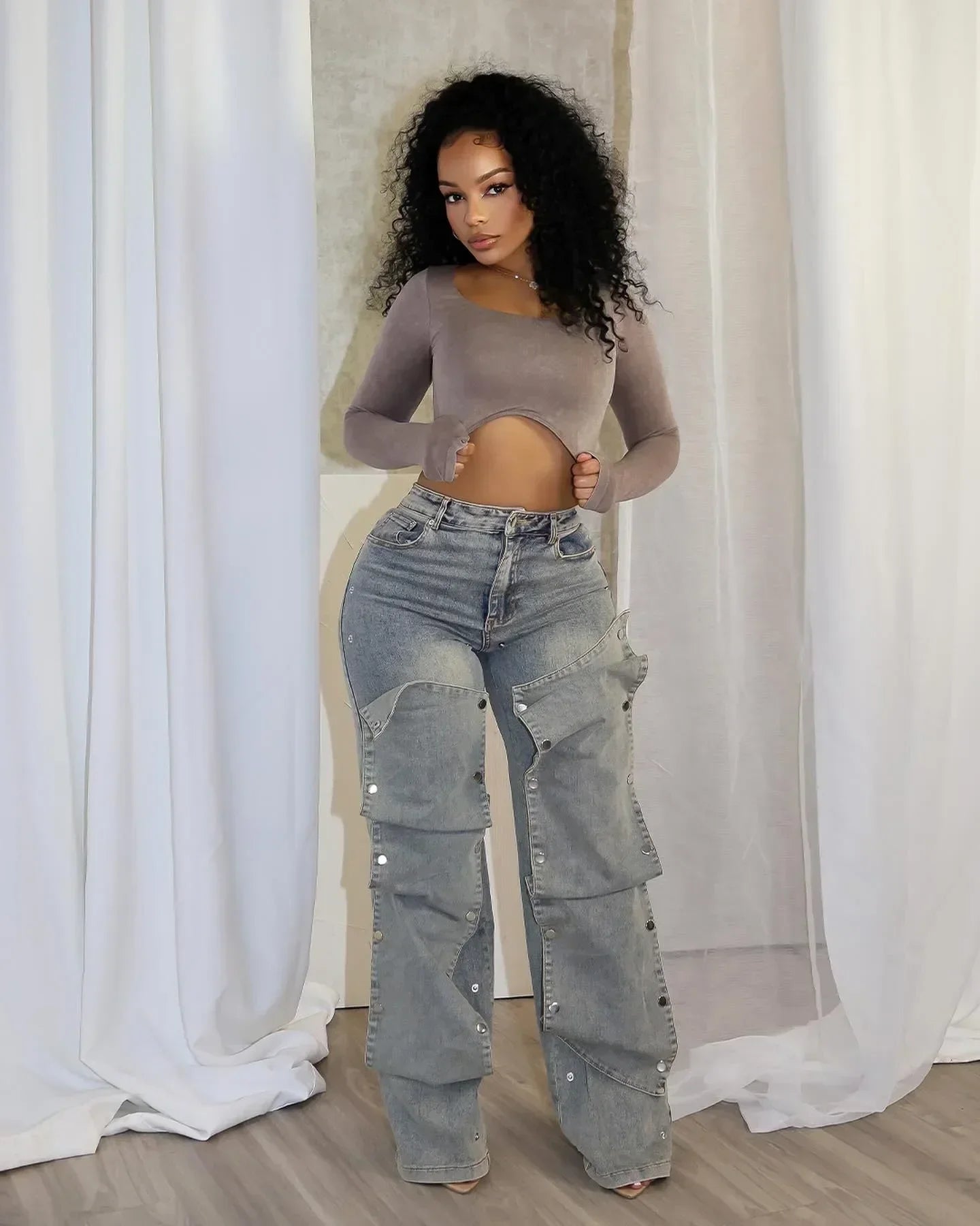 TAMBREET CM.YAYA Women Streetwear Button Cutout Cargo Straight Denim Wide Leg Jeans Pants 2024 INS Elastic Fashion Party Cargo Trousers