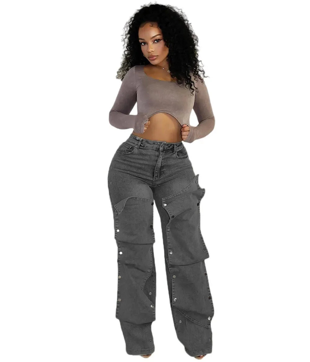 TAMBREET CM.YAYA Women Streetwear Button Cutout Cargo Straight Denim Wide Leg Jeans Pants 2024 INS Elastic Fashion Party Cargo Trousers