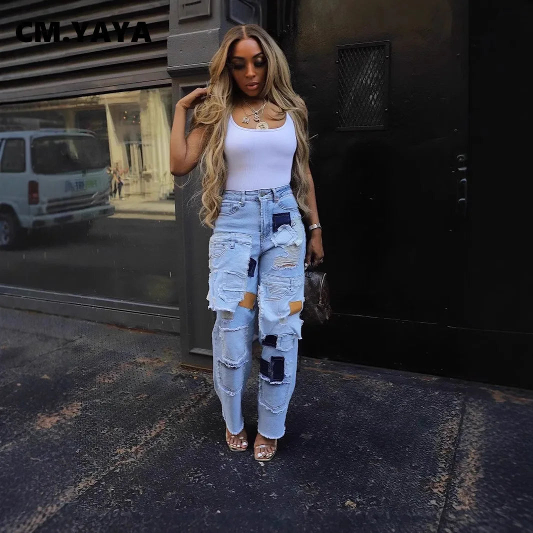 TAMBREET CM.YAYA Women Streetwear Cargo Straight Denim Pocket Patchwork Wide Leg Jeans Pants 2024 Fall Fashion Ripped Out Party Trousers