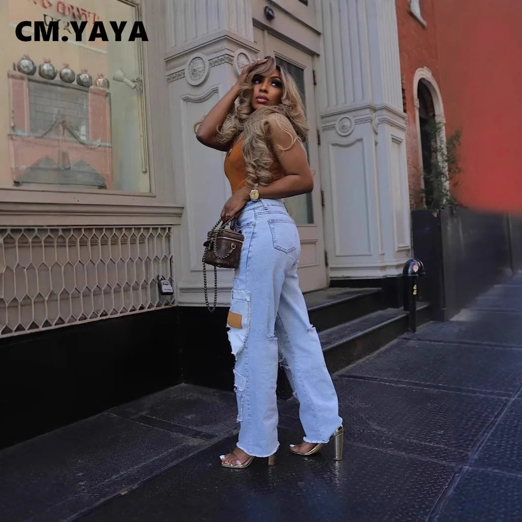 TAMBREET CM.YAYA Women Streetwear Cargo Straight Denim Pocket Patchwork Wide Leg Jeans Pants 2024 Fall Fashion Ripped Out Party Trousers