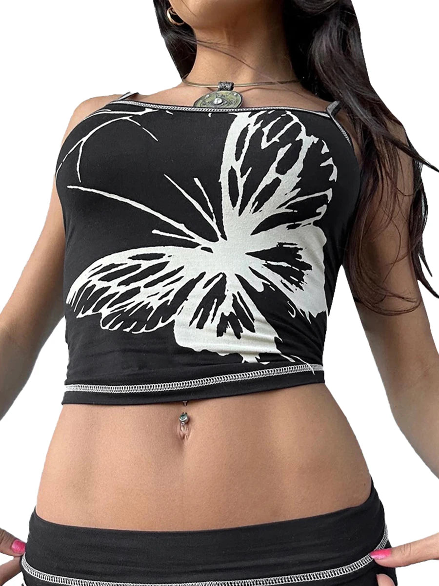 TAMBREET COUTENOVA Street Sexy Hottie Butterfly Pattern Offset Print Sleeveless Short Camisole Top Women 2024 Pullover Tight Top