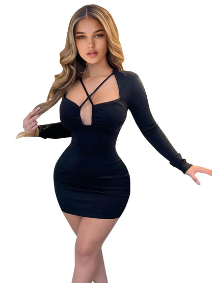 TAMBREET CUTENOVA 2024 Spring Solid Color Long Sleeve Slim Wrap Hip Square Neck Hollow Out Mini Dress Sexy Nightclub Style Strappy Dress