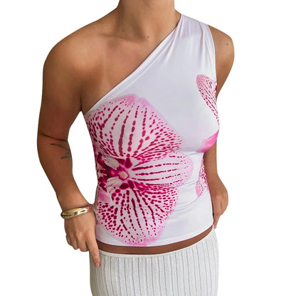 TAMBREET CUTENOVA Floral Print Fitted Tops Women Resort Wear Graphic Tees Summer 2024 Casual One Shoulder Slash Backless Tank Top