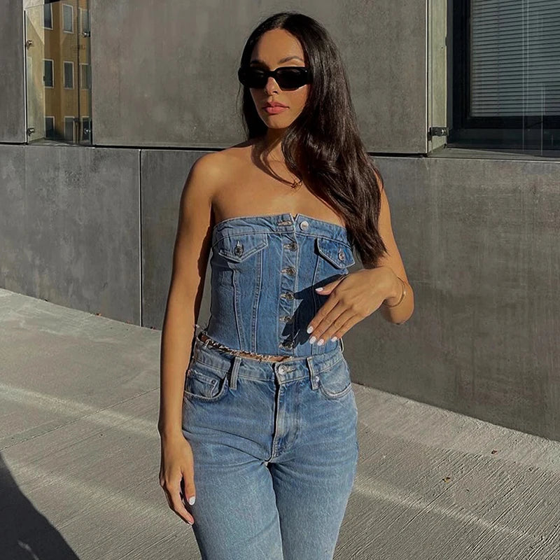 TAMBREET CUTENOVA Solid Denim Pocket Design Button Vest Women Casual Bare Midriff Wrapped Chest Sleeveless Crop Tops Streetwear Tanks