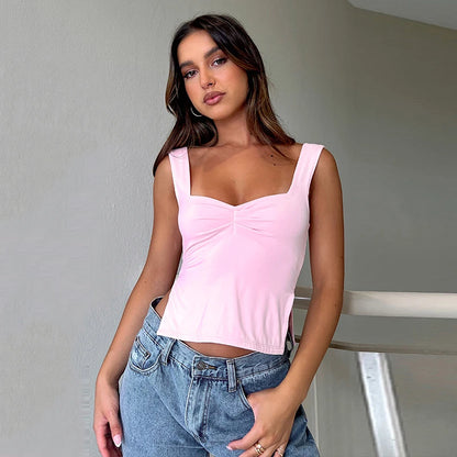 TAMBREET CUTENOVA Square Collar Tank Women Slim Split Crop Tops Chic Backless Sleeveless Casual Camis Summer 2024 Y2K Double Layer