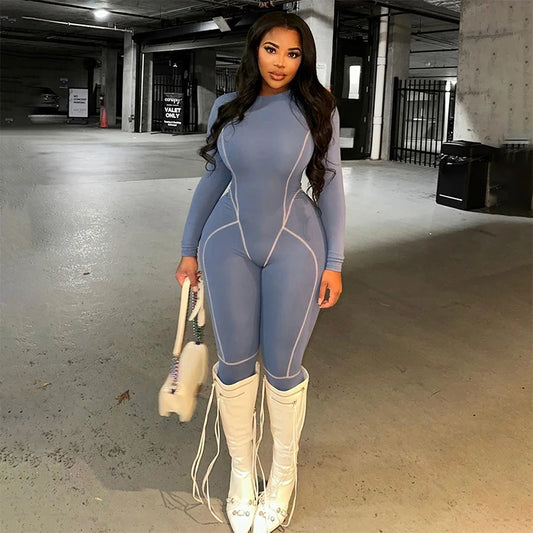 TAMBREET CUTENOVA Women Casual Sporty O Neck Full Sleeve Skinny Jumpsuit Gray Soft Undershirt Bodycon Pencil Jumpsuit Warm  Streetwear