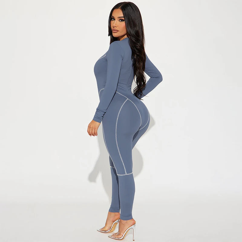 TAMBREET CUTENOVA Women Casual Sporty O Neck Full Sleeve Skinny Jumpsuit Gray Soft Undershirt Bodycon Pencil Jumpsuit Warm  Streetwear