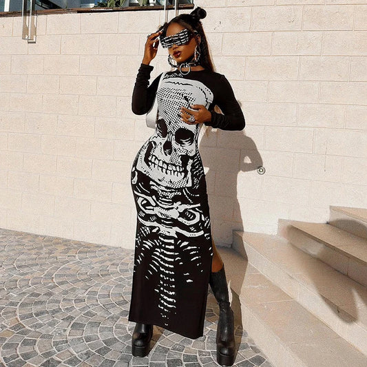 TAMBREET CUTENOVA Women Gothic Skull Bones Skeleton Print Dress O Neck Long Sleeve Split Dress Casual Autumn Streetwear Horrible Dress