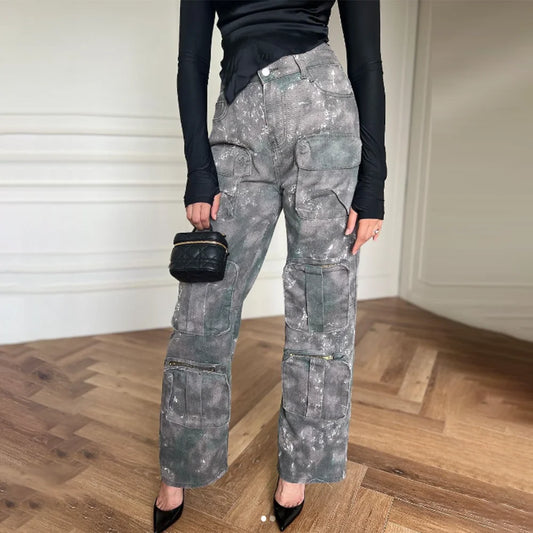 TAMBREET Camouflage Patchwork Pockets Denim Cargo Pants for Women High Waist Minimalist Loose Wide Leg Jeans Female Fashion Style