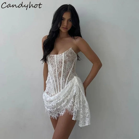 TAMBREET Candyhot Elegant Lace Strapless Sexy See-through Dress Bandage Irregular Mini Dress For Women Summer Slim Street Party Dress