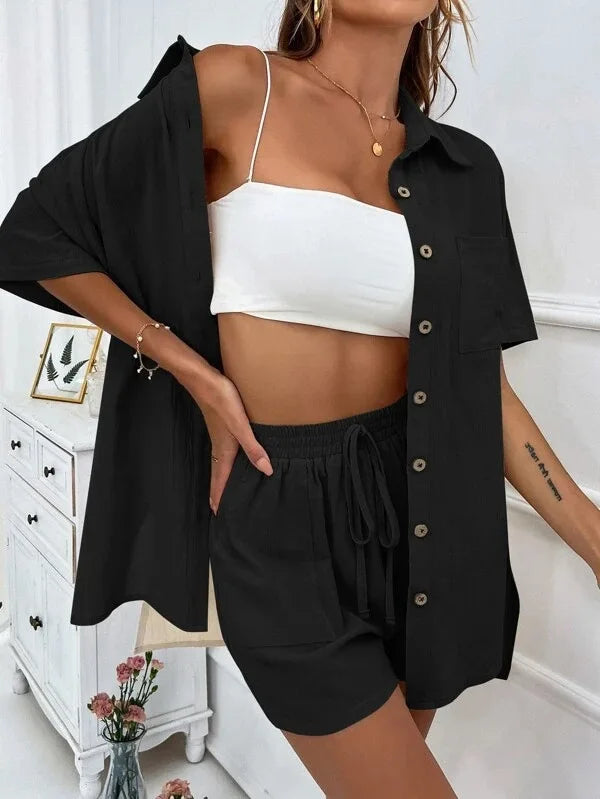 TAMBREET Casual Cotton Short Set Women Spring Summer Fashion Short Sleeve Shirt With Shorts Two Piece Set Office Elegant Loose Suit Black