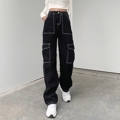 TAMBREET Casual Jeans for Women High Waist Baggy Denims Multi Pockets Distressed Cargo Wide Leg Pants Denim 2024 Streetwear Trousers