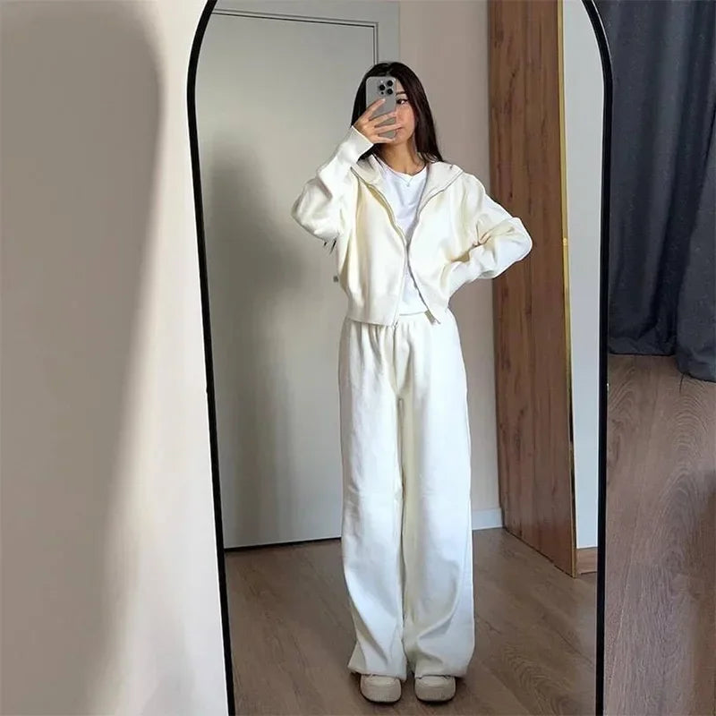 TAMBREET Casual Knit Women Coat Pant Set 2024 White Lantern Full Sleeve Coats Female Sets Autumn Winter Sport Wide Leg Lady Trousers Suit