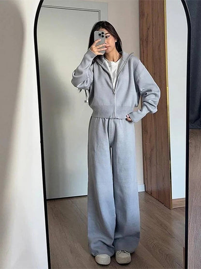 TAMBREET Casual Knit Women Coat Pant Set 2024 White Lantern Full Sleeve Coats Female Sets Autumn Winter Sport Wide Leg Lady Trousers Suit