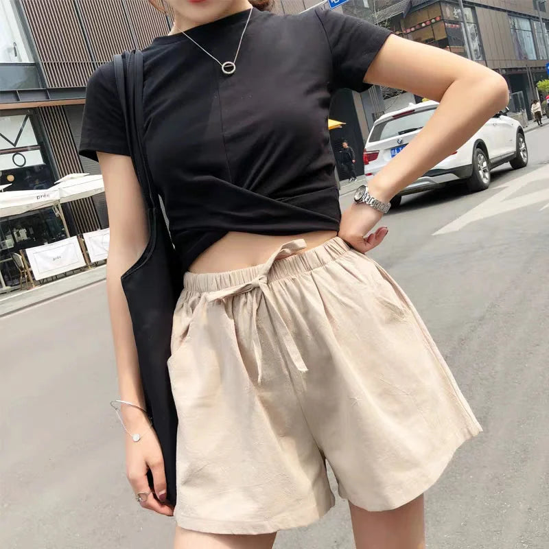 TAMBREET Casual Linen Shorts Women Gym Workout Shorts Cotton Short Pants High Waisted Black Ladies Short Femme Women Shorts Sport Femme