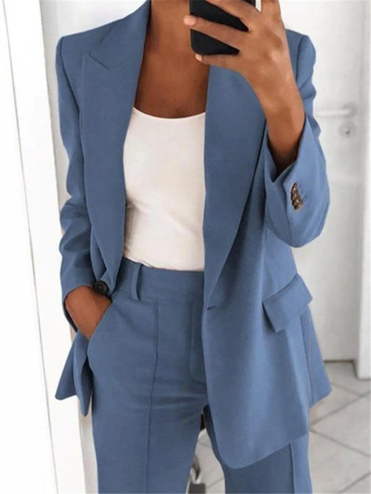 TAMBREET Casual Long Sleeve Suit Coat Pants Set Office Lady Spring Autumn Solid Blouse Trouser Two Piece Set Women Outfit 2024 Tops