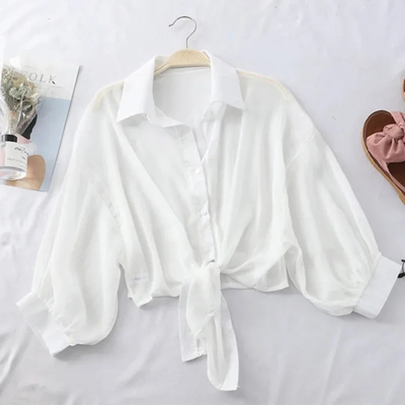 TAMBREET Casual Loose Hollow White Clothes Elegant Solid Color Tied Waist Blouse Women Summer Bat Half Sleeve Button Chiffon Shirt 9776