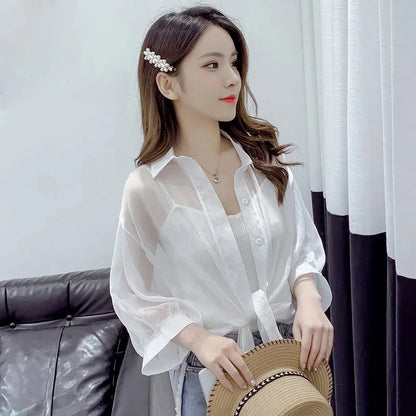 TAMBREET Casual Loose Hollow White Clothes Elegant Solid Color Tied Waist Blouse Women Summer Bat Half Sleeve Button Chiffon Shirt 9776