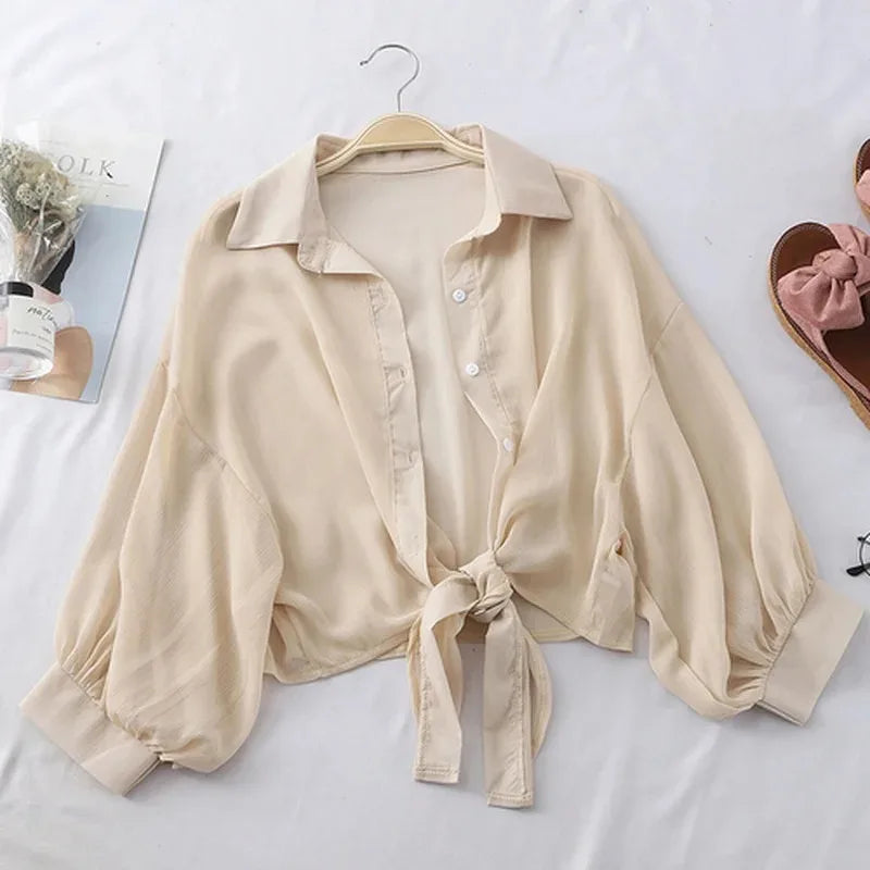 TAMBREET Casual Loose Hollow White Clothes Elegant Solid Color Tied Waist Blouse Women Summer Bat Half Sleeve Button Chiffon Shirt 9776