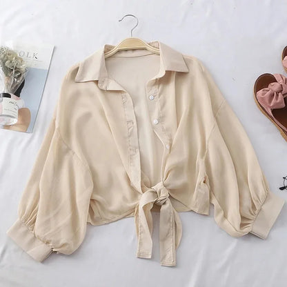 TAMBREET Casual Loose Hollow White Clothes Elegant Solid Color Tied Waist Blouse Women Summer Bat Half Sleeve Button Chiffon Shirt 9776