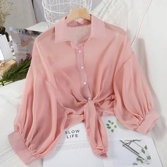 TAMBREET Casual Loose Hollow White Clothes Elegant Solid Color Tied Waist Blouse Women Summer Bat Half Sleeve Button Chiffon Shirt 9776