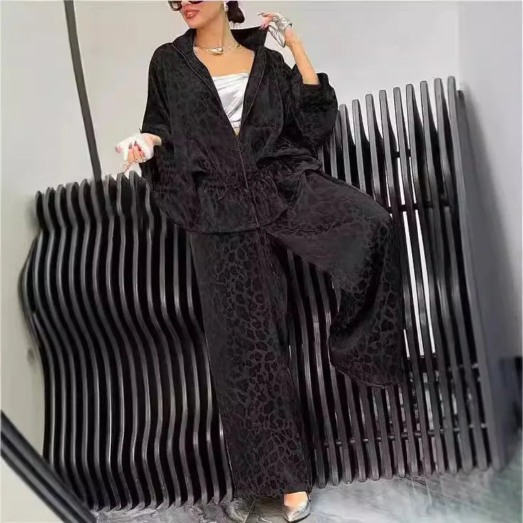 TAMBREET Casual Loose Leopard Velvet Zipper Coats And Pants Two Piece Sets Women Autumn Winter Girdle Print Jackets + Wide Leg Pants Sets