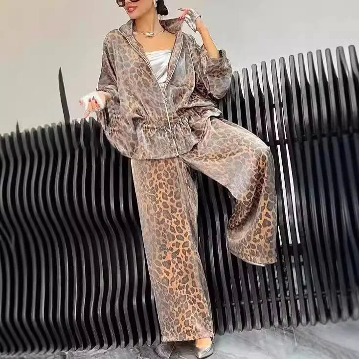 TAMBREET Casual Loose Leopard Velvet Zipper Coats And Pants Two Piece Sets Women Autumn Winter Girdle Print Jackets + Wide Leg Pants Sets