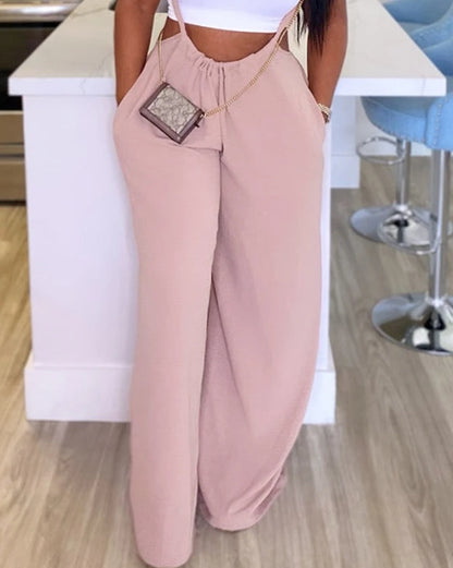 TAMBREET Casual Pink Overalls for Women 2024 Summer Sleeveless Drawstring Wide Leg Suspender High Waist Pocket Design Women's Jumpsuit