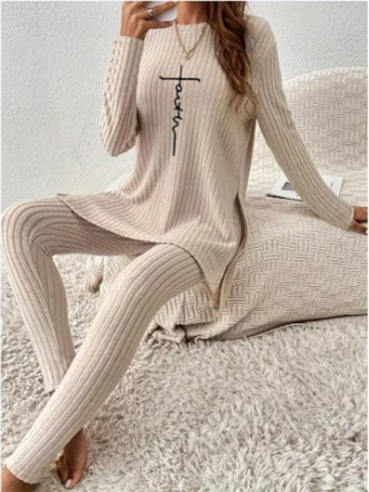 TAMBREET Casual Solid Color Winter Knitted Suit Women Two-Piece Long Sleeve Split Top Slim Fit Pants Autumn Fashion Set