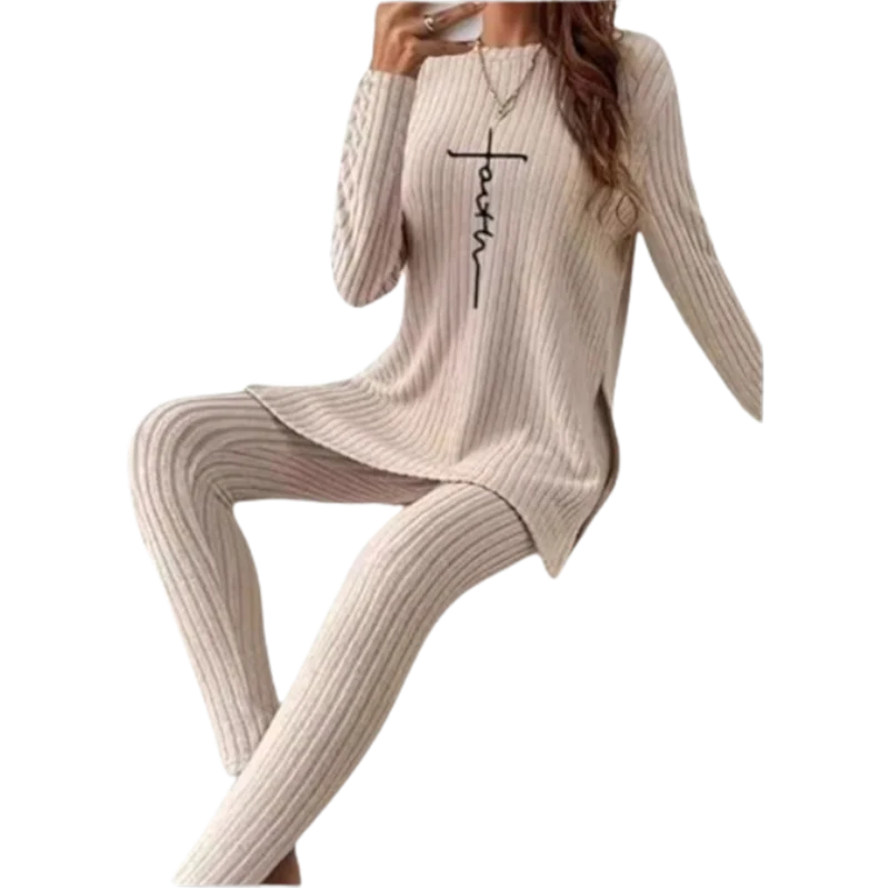 TAMBREET Casual Solid Color Winter Knitted Suit Women Two-Piece Long Sleeve Split Top Slim Fit Pants Autumn Fashion Set