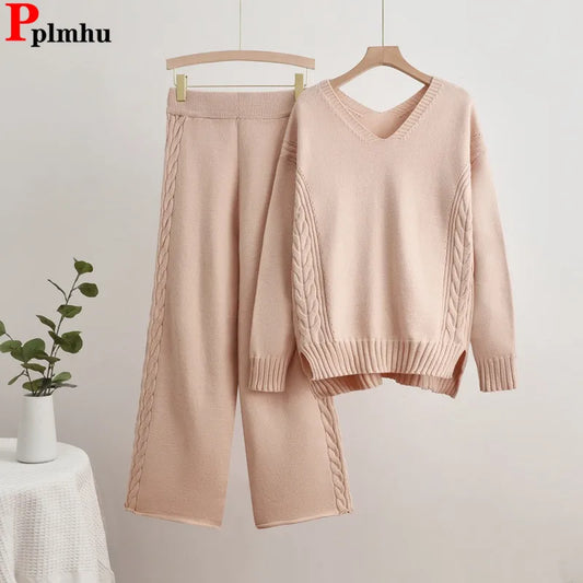 TAMBREET Casual Solid Knitted 2 Piece Sets Women V-neck Long Sleeve Sweater Pullover Tops Conjuntos High Waist Wide Leg Pants Outfit New