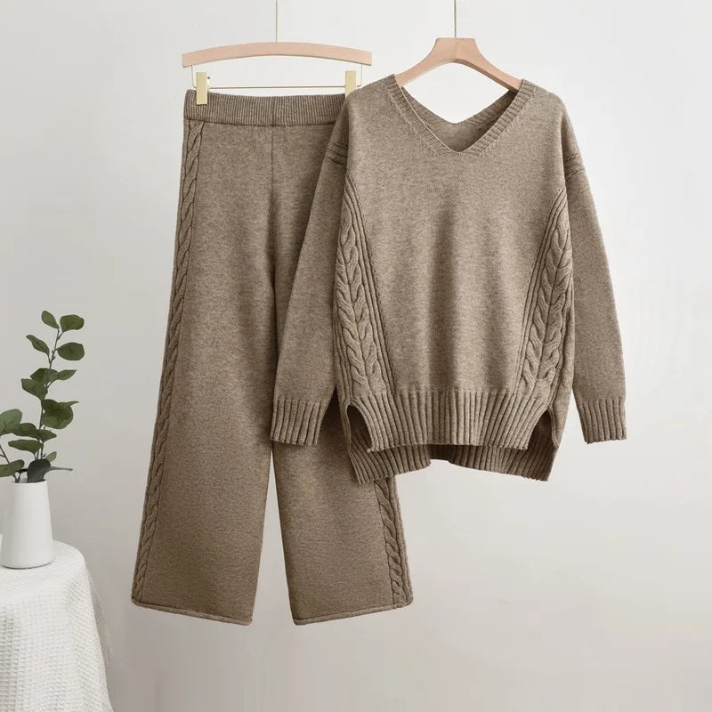 TAMBREET Casual Solid Knitted 2 Piece Sets Women V-neck Long Sleeve Sweater Pullover Tops Conjuntos High Waist Wide Leg Pants Outfit New