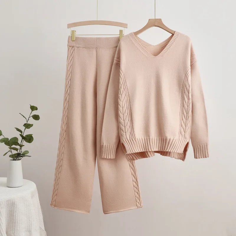 TAMBREET Casual Solid Knitted 2 Piece Sets Women V-neck Long Sleeve Sweater Pullover Tops Conjuntos High Waist Wide Leg Pants Outfit New