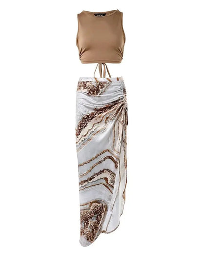 TAMBREET Casual Summer Women Dress Sets O-Neck Sleeveless Crop Top and Ruched Tie Dye Print Drawstring High Slit Skirt Sets