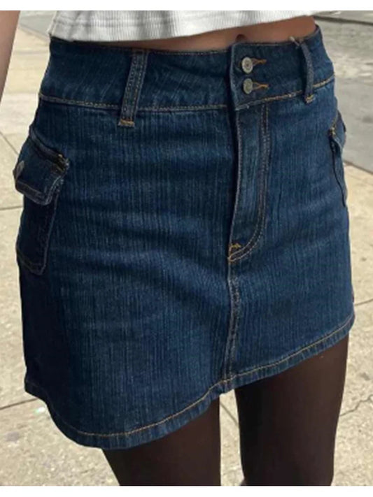 TAMBREET  Casual Women Fashion Blue Denim Mini Skirts 2024 Summer Vintage High Waist Side Pockets Female Bottoms Mujer