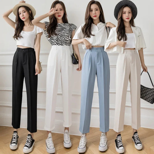 TAMBREET Casual Women Suit Pants 2024 Summer Fashion High Waist Black Harem Pants Female Korean Style Pocket Thin Nine Point Trousers