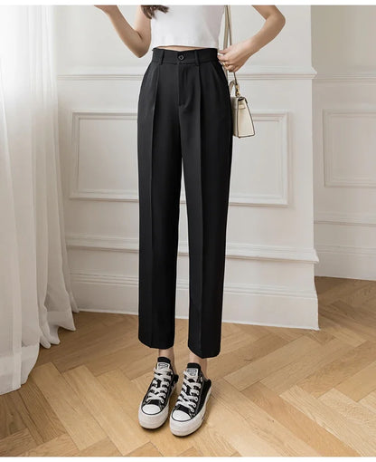 TAMBREET Casual Women Suit Pants 2024 Summer Fashion High Waist Black Harem Pants Female Korean Style Pocket Thin Nine Point Trousers