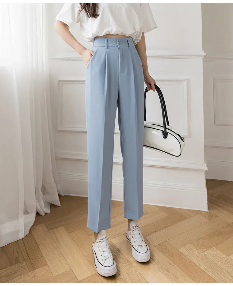 TAMBREET Casual Women Suit Pants 2024 Summer Fashion High Waist Black Harem Pants Female Korean Style Pocket Thin Nine Point Trousers