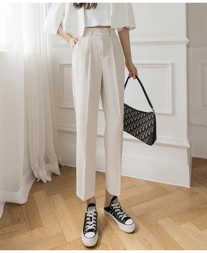 TAMBREET Casual Women Suit Pants 2024 Summer Fashion High Waist Black Harem Pants Female Korean Style Pocket Thin Nine Point Trousers