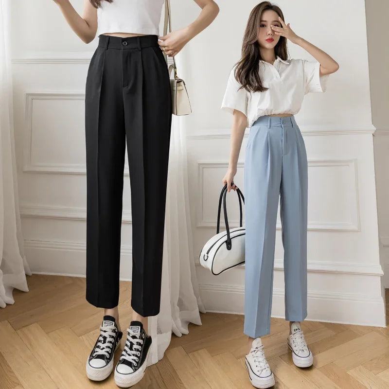 TAMBREET Casual Women Suit Pants 2024 Summer Fashion High Waist Black Harem Pants Female Korean Style Pocket Thin Nine Point Trousers