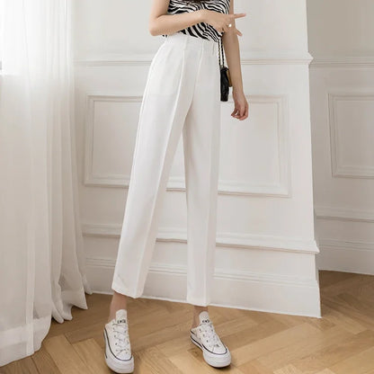 TAMBREET Casual Women Suit Pants 2024 Summer Fashion High Waist Black Harem Pants Female Korean Style Pocket Thin Nine Point Trousers