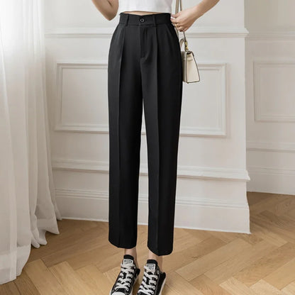 TAMBREET Casual Women Suit Pants 2024 Summer Fashion High Waist Black Harem Pants Female Korean Style Pocket Thin Nine Point Trousers