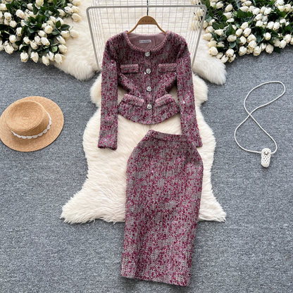 TAMBREET Celebrities Style Autumn Clothes Two-piece Sets Women's Clothing High-end Round Neck Sequined Jacket and Slim-fitting Skirt