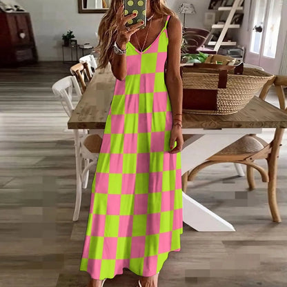 TAMBREET Checkered Lime Green and Pink Sleeveless Dress elegant women's dresses for wedding beach dress