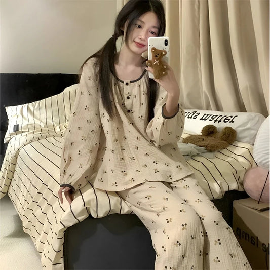 TAMBREET Cherry Sleepwear Button Women Pajamas Set Autumn Korean Fashion Long Sleeve Sets 2 Pieces Night Wears Casual Home Wear