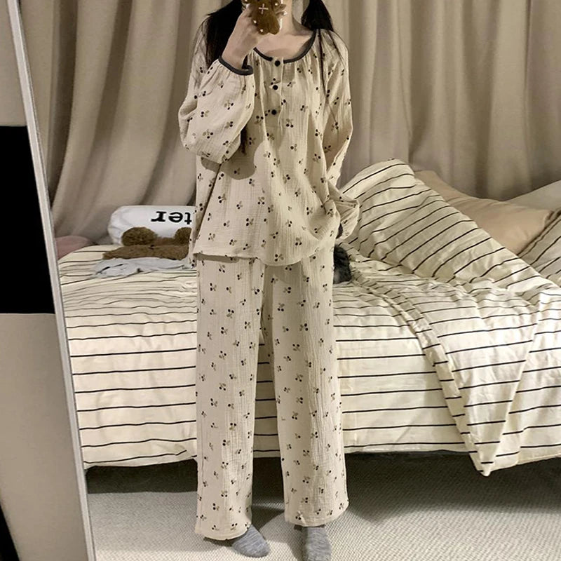 TAMBREET Cherry Sleepwear Button Women Pajamas Set Autumn Korean Fashion Long Sleeve Sets 2 Pieces Night Wears Casual Home Wear