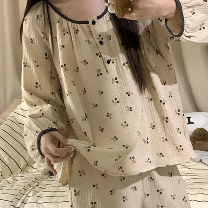 TAMBREET Cherry Sleepwear Button Women Pajamas Set Autumn Korean Fashion Long Sleeve Sets 2 Pieces Night Wears Casual Home Wear